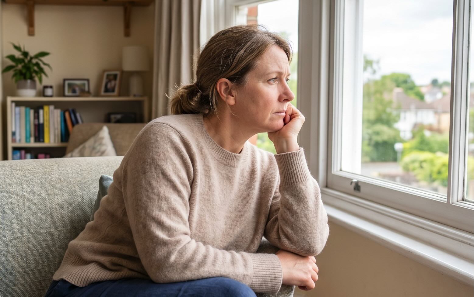Worried woman is looking out window thinking about relationship